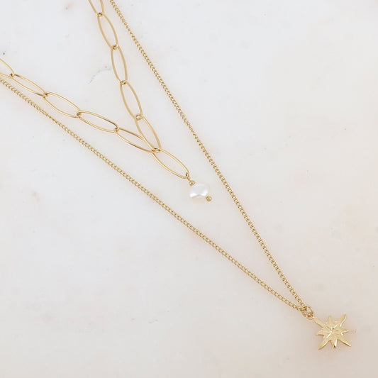Collier 2 rangs avec maille, perle d'eau douce et étoile (38/50+7CM)
