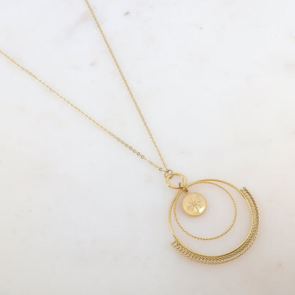 Collier avec 2 anneaux, pampille ronde avec étoile gravée (55+5CM)