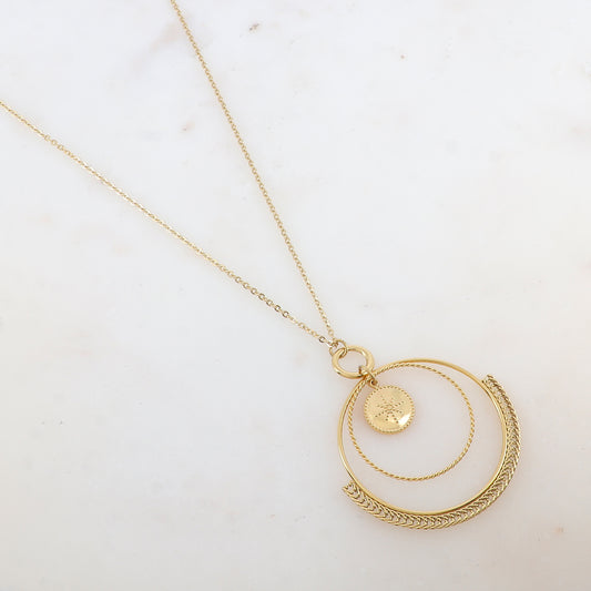 Collier avec 2 anneaux, pampille ronde avec étoile gravée (55+5CM)