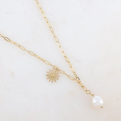 Collier en maille avec perle d'eau douce, pampille soleil avec petite boule (50+5CM)