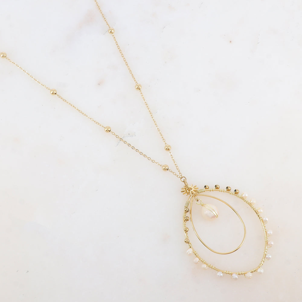 Sautoir, anneaux, perles d'eau douce, petites boules (85+5CM)