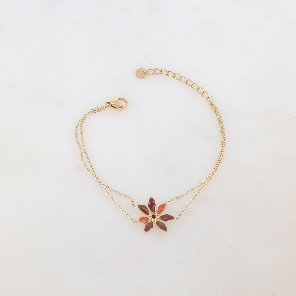 Bracelet deux rangs avec pendant fleur émaillée et strass