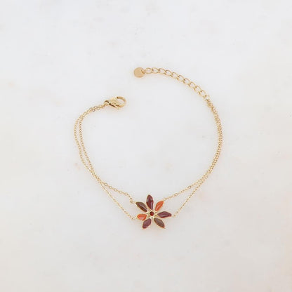 Bracelet deux rangs avec pendant fleur émaillée et strass
