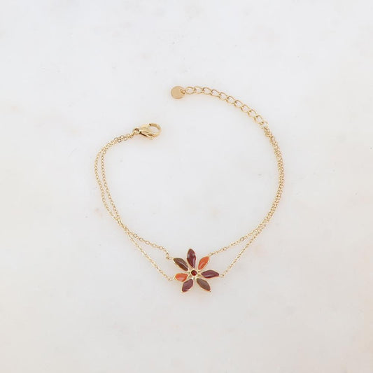 Bracelet deux rangs avec pendant fleur émaillée et strass
