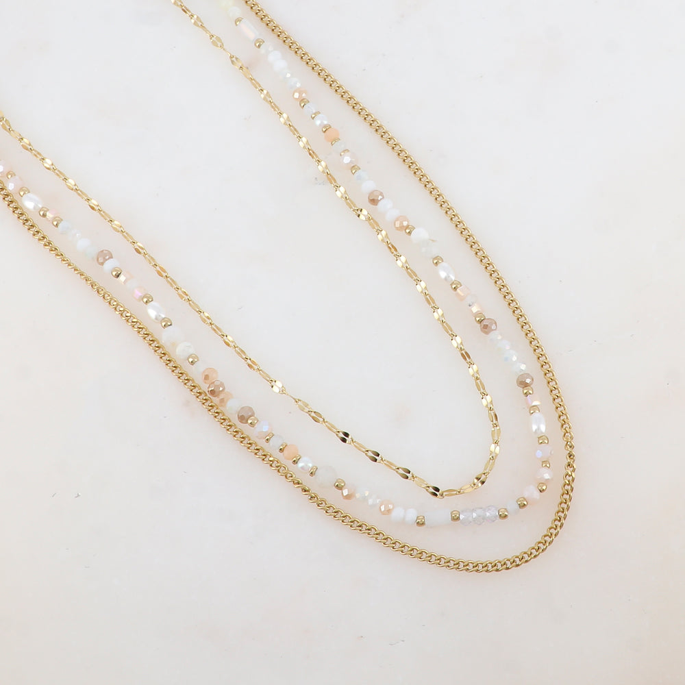 Collier 3 rangs avec pâtes de verre/pierres naturelles et perles d'eau douce (38/39/41+5CM)