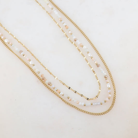 Collier 3 rangs avec pâtes de verre/pierres naturelles et perles d'eau douce (38/39/41+5CM)