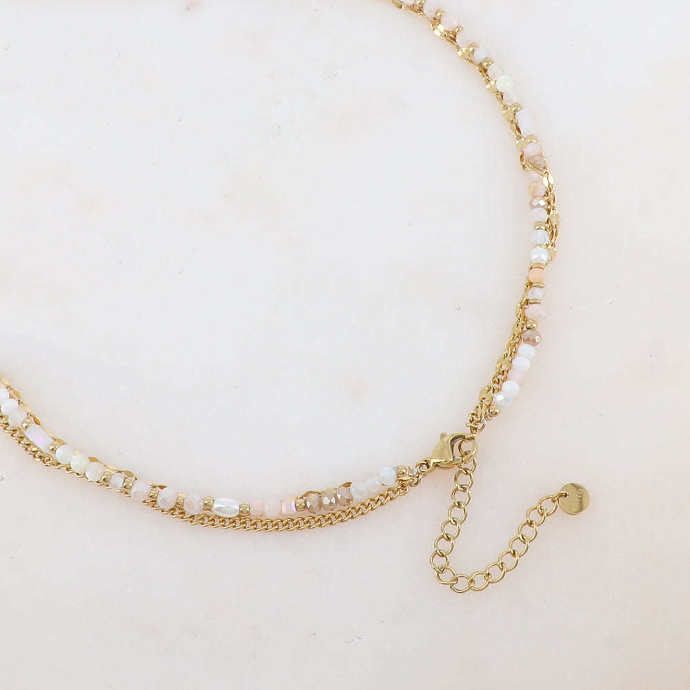 Collier 3 rangs avec pâtes de verre/pierres naturelles et perles d'eau douce (38/39/41+5CM)