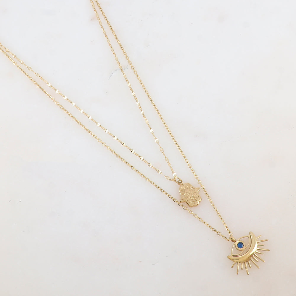Collier double rangs doré avec deux pendentifs forme œil (40/44+5CM)