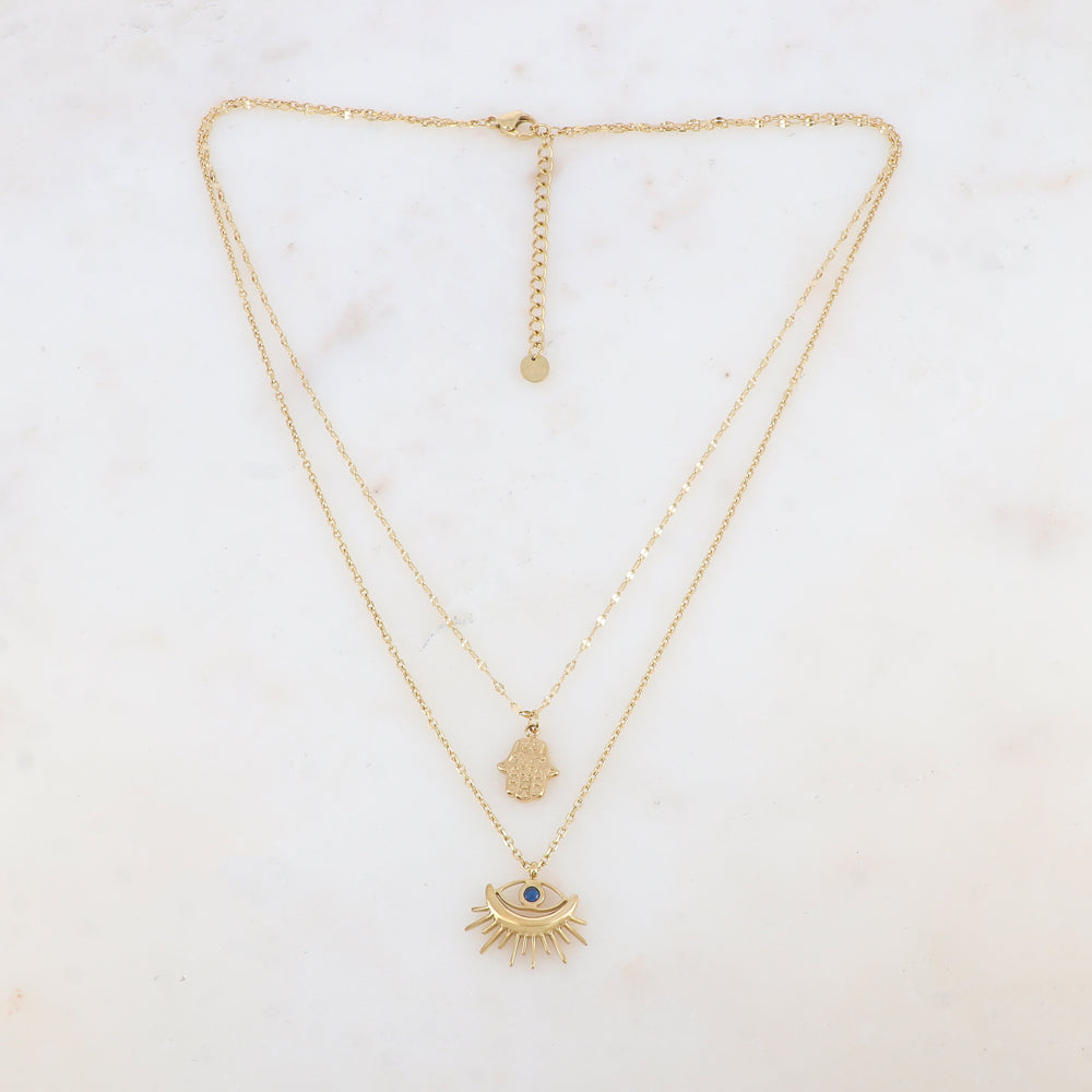 Collier double rangs doré avec deux pendentifs forme œil (40/44+5CM)