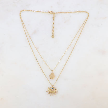 Collier double rangs doré avec deux pendentifs forme œil (40/44+5CM)