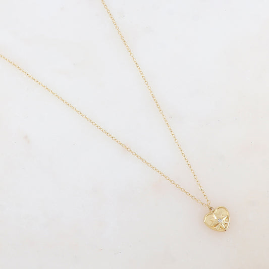 Collier avec pendentif cœur, étoile gravée et strass (40+5CM)