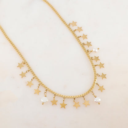 Collier en maille plate avec pampilles étoiles et 3 perles d'eau douce (38+5CM)