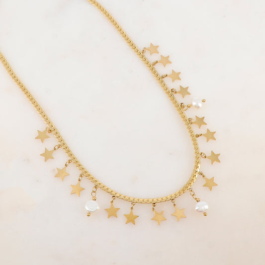Collier en maille plate avec pampilles étoiles et 3 perles d'eau douce (38+5CM)