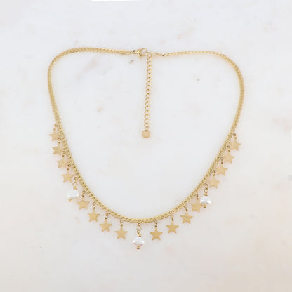 Collier en maille plate avec pampilles étoiles et 3 perles d'eau douce (38+5CM)