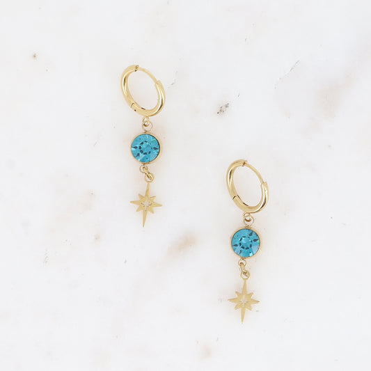 Créoles - cristaux SS29 et pampille étoile ajourée - Indicolite 7 x 38 mm