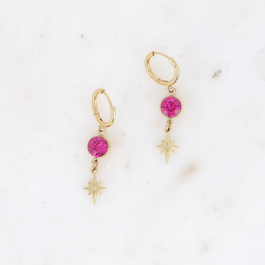 Créoles - cristaux SS29 et pampille étoile ajourée - Fuschia 7 x 38 mm