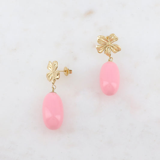 B.O à puce avec pièce à motif fleur et pendant en résine 1,6 x 4,5 cm.