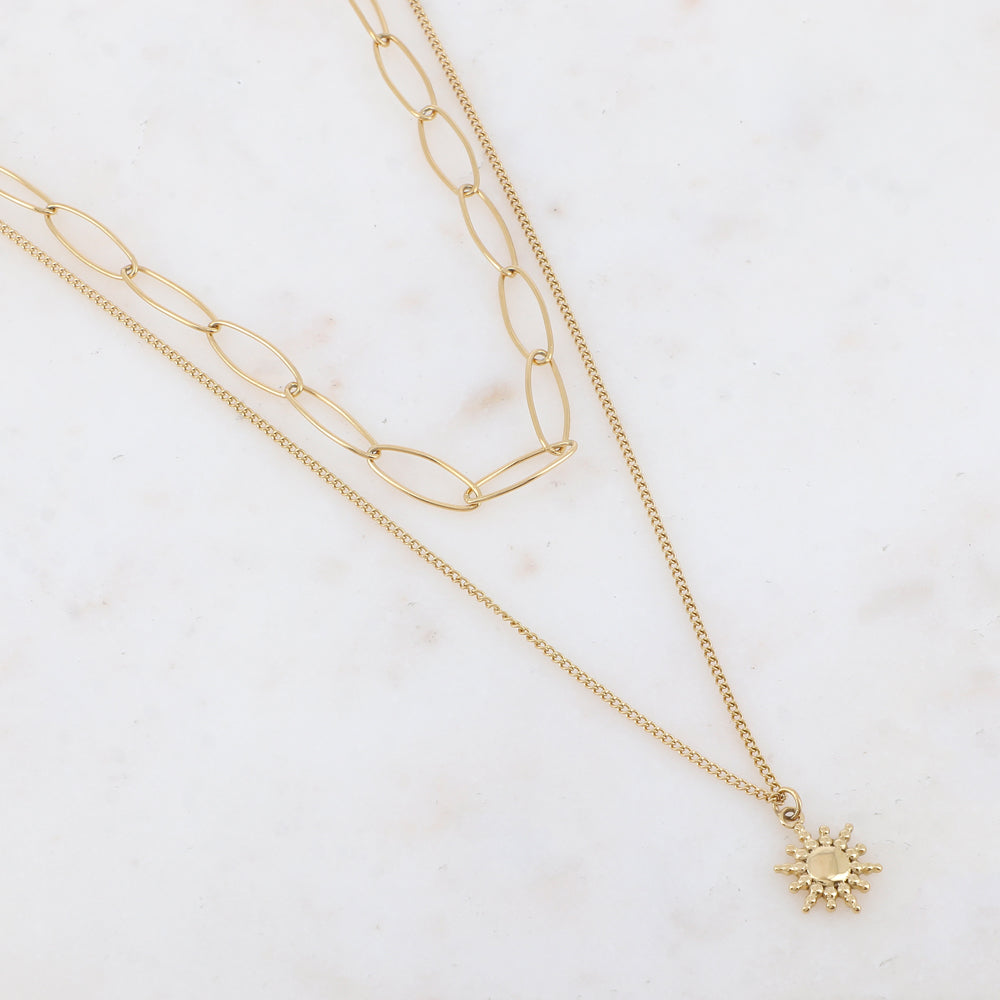 Collier 2 rangs avec maille, pendentif soleil (3850+8CM)
