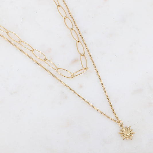 Collier 2 rangs avec maille, pendentif soleil (3850+8CM)