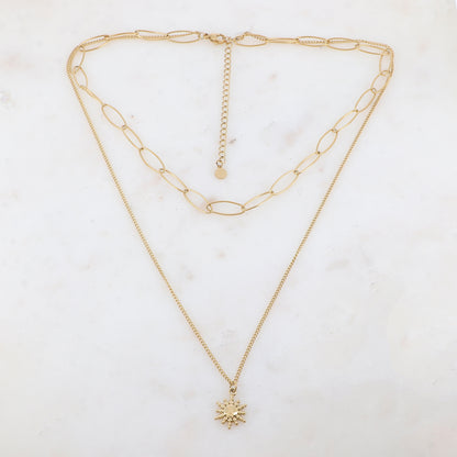 Collier 2 rangs avec maille, pendentif soleil (3850+8CM)