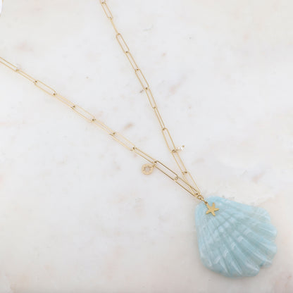 Sautoir avec pampille ronde, pampille étoile de mer, perle d'eau douce et pendentif en acétate (85+5CM)