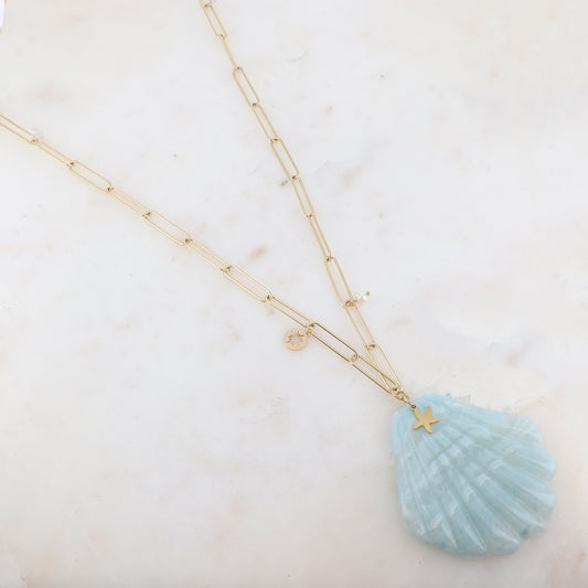 Sautoir avec pampille ronde, pampille étoile de mer, perle d'eau douce et pendentif en acétate (85+5CM)