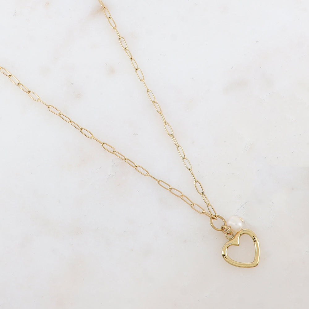 Collier en maille avec pendentif cœur et perle d'eau douce (45+7CM)