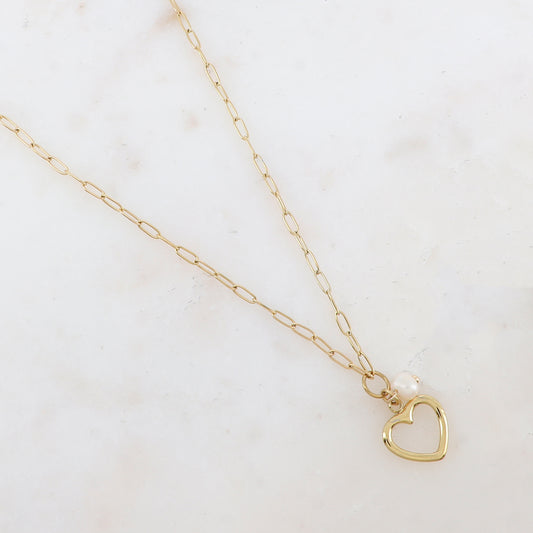 Collier en maille avec pendentif cœur et perle d'eau douce (45+7CM)