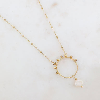 Collier avec pendentif anneau, petites boules et perle d'eau douce (40+5CM)