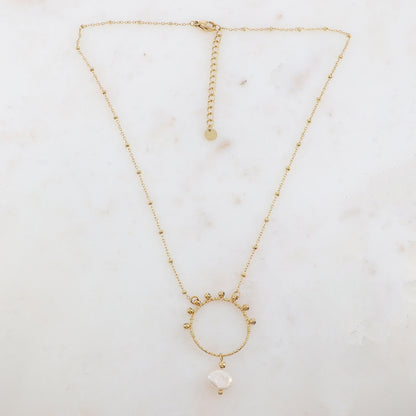 Collier avec pendentif anneau, petites boules et perle d'eau douce (40+5CM)