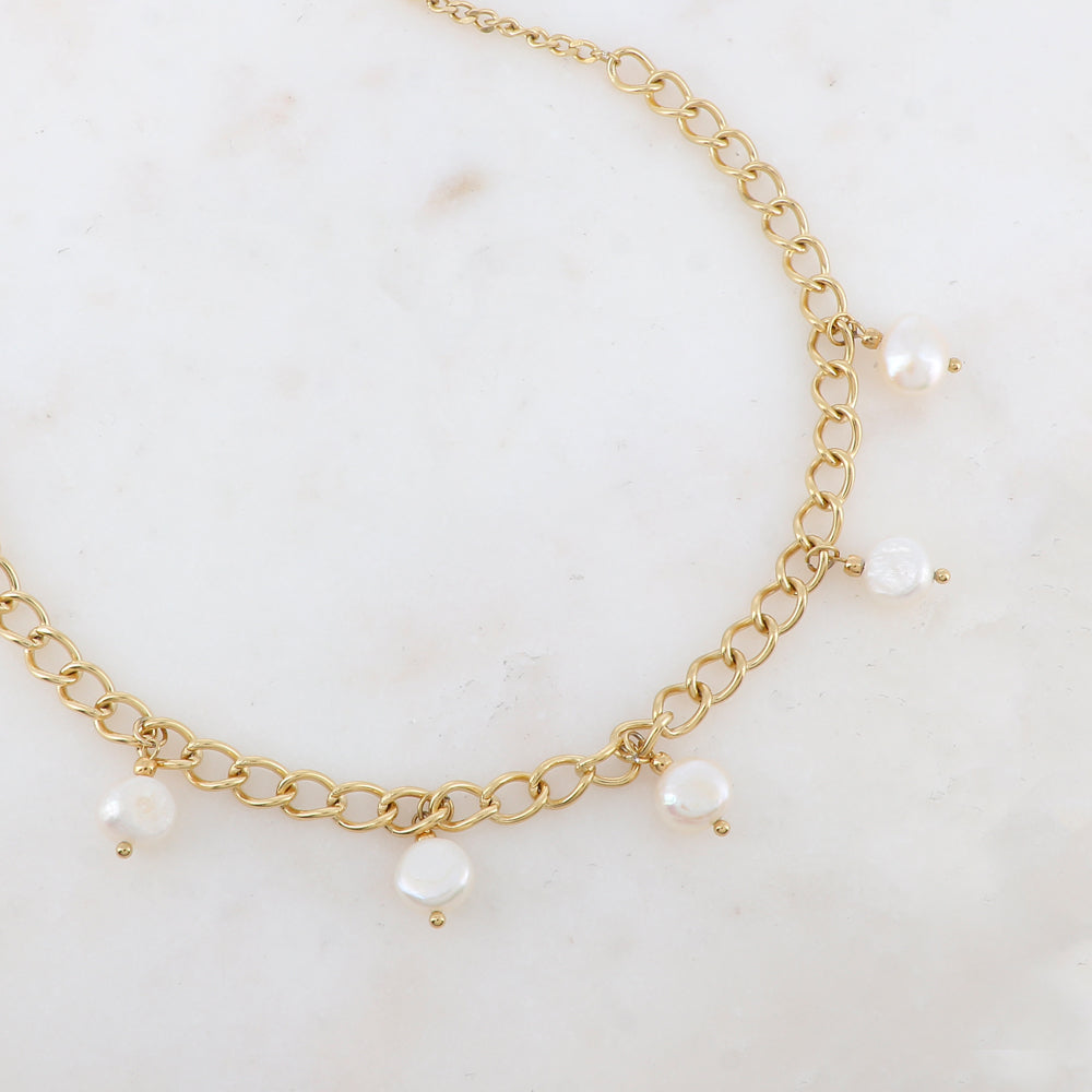 Collier en maille, perles d'eau douce (42+5CM)