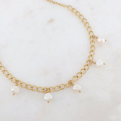 Collier en maille, perles d'eau douce (42+5CM)