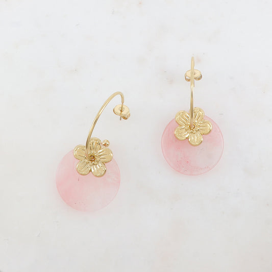 Créoles à puce avec fleur et pierre naturelle ronde