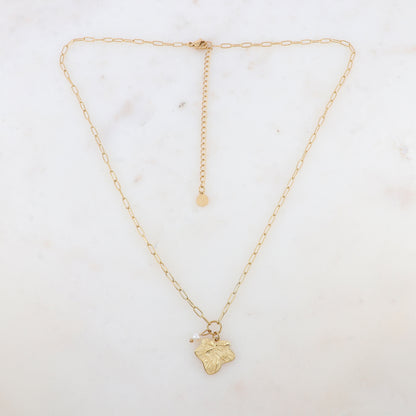 Collier avec pendentif feuille et perle d'eau douce (45+7CM)