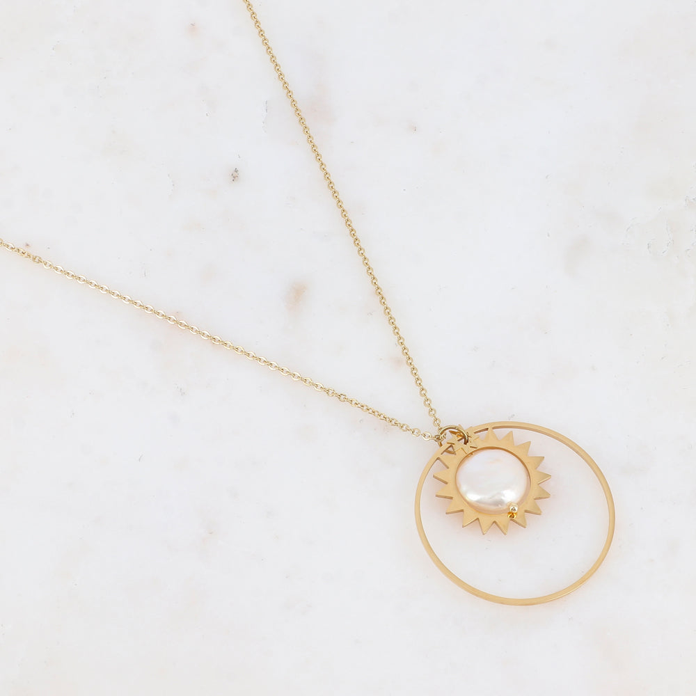 Collier avec anneau, soleil et perle d'eau douce (55+5CM)