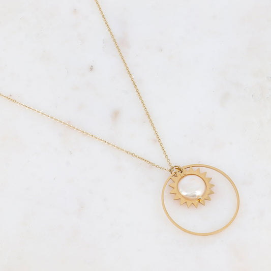 Collier avec anneau, soleil et perle d'eau douce (55+5CM)