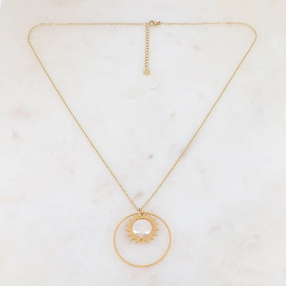 Collier avec anneau, soleil et perle d'eau douce (55+5CM)