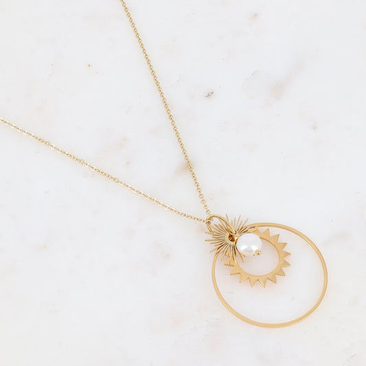 Collier avec anneau, soleil et perle d'eau douce (55+5CM)