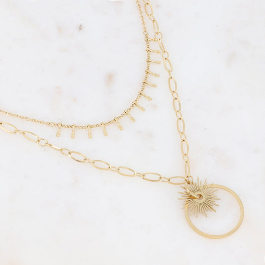 Collier double rangs avec maille, picots, pampille soleil et anneau (38/45+5CM)
