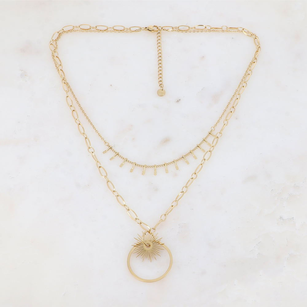Collier double rangs avec maille, picots, pampille soleil et anneau (38/45+5CM)