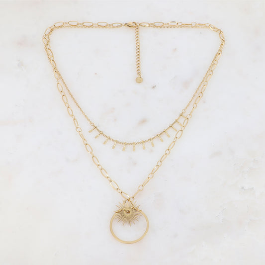 Collier double rangs avec maille, picots, pampille soleil et anneau (38/45+5CM)