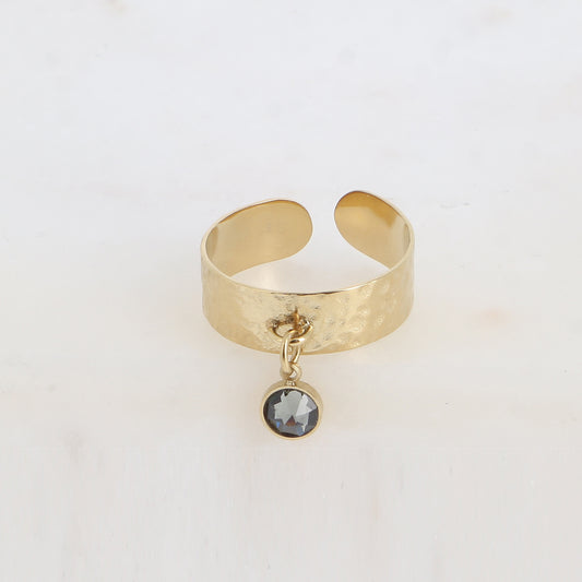 Bague - anneau martelé et pampille avec cristal PP29 - Black diamond