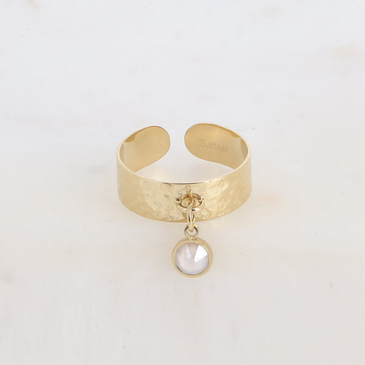 Bague - anneau martelé et pampille avec cristal PP29 - Ivory cream