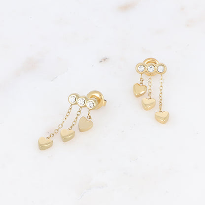 Boucles d'oreilles avec chaînes, cœurs et strass 1 x 2,1 cm.