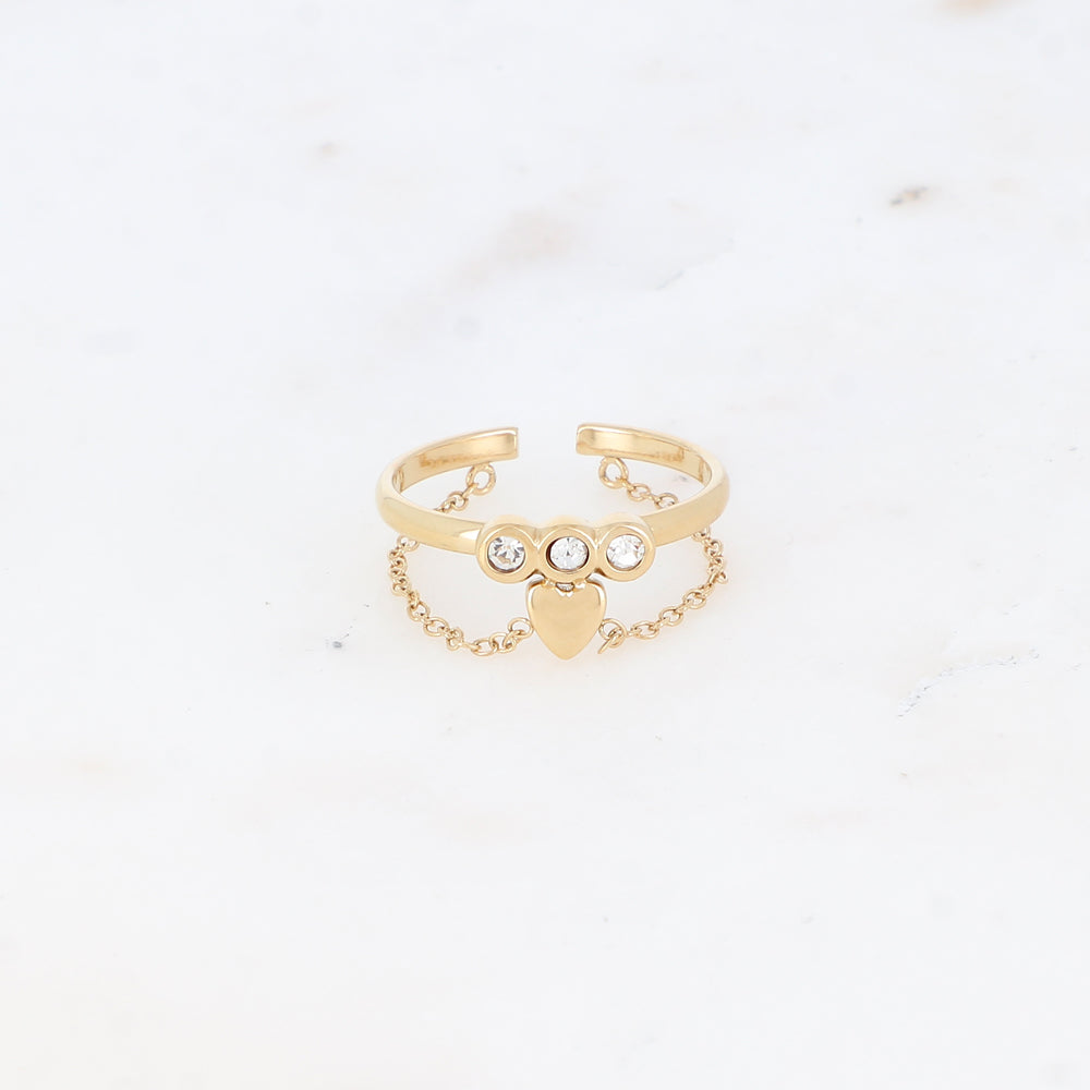 Bague fine avec chaîne, cœur et strass - Blanc
