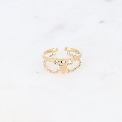 Bague fine avec chaîne, cœur et strass - Blanc
