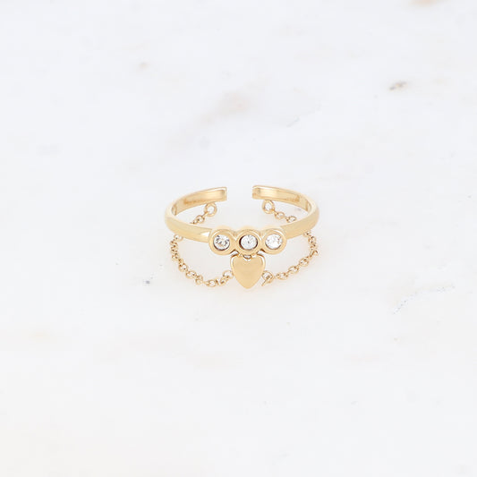Bague fine avec chaîne, cœur et strass - Blanc