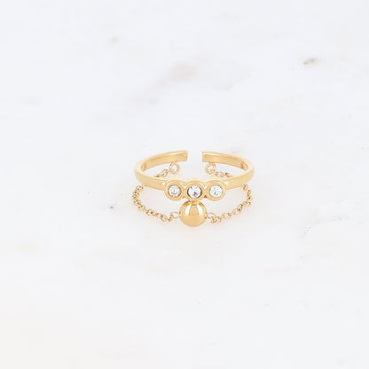 Bague fine avec chaîne, rondes et strass