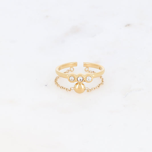 Bague fine avec chaîne, rondes et strass