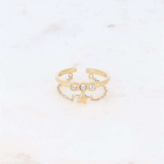 Bague fine avec chaîne, étoiles et strass